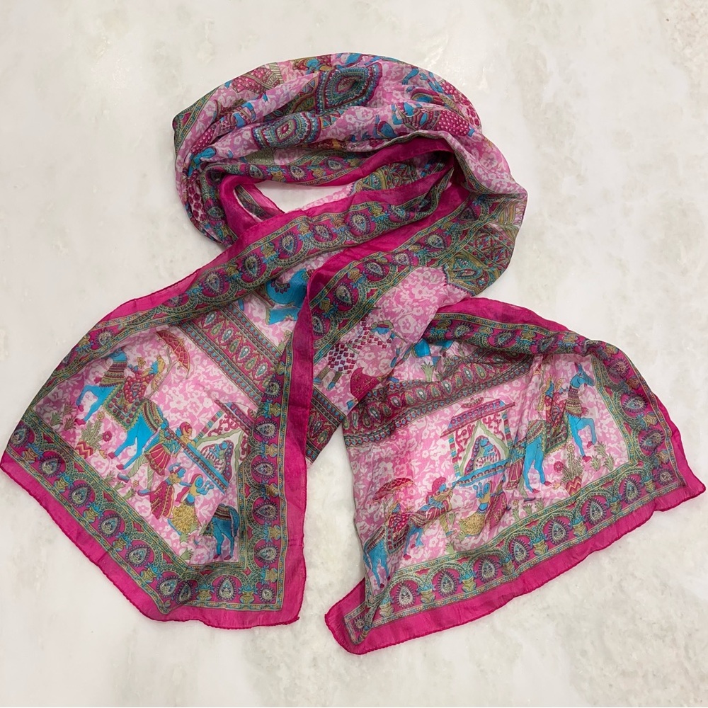 Vintage Silk Scarf Elephants Horses Paisley Pink Made India 18” X 68” Rectangle - Picture 2 of 16